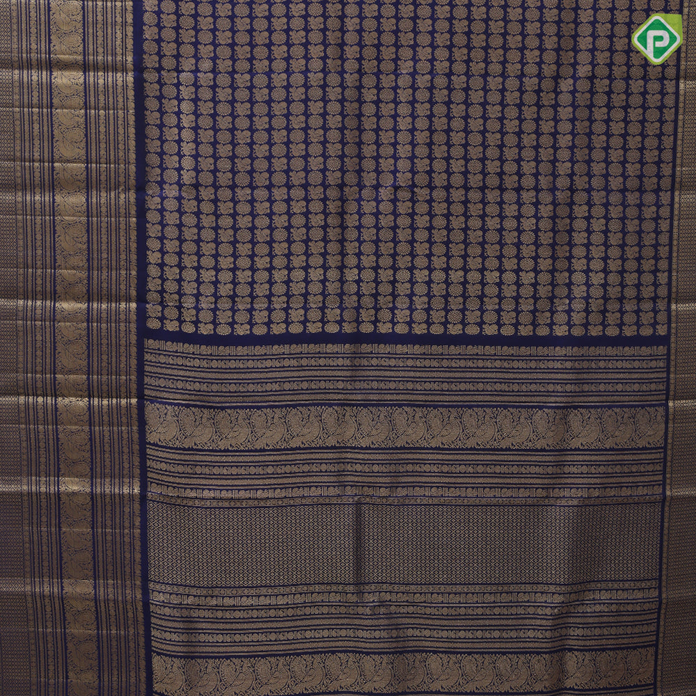 Indigo Blue gold zari peacock rudraksham full body butta self color gold zari multi design lines bridal silk saree