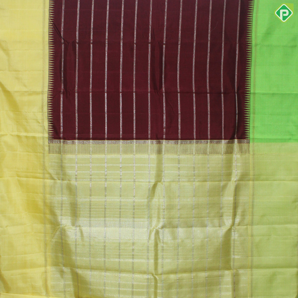 Dark Red Gold Zari With lemon Yellow and Rexona Green Double Color Temple Design Border Silk Saree