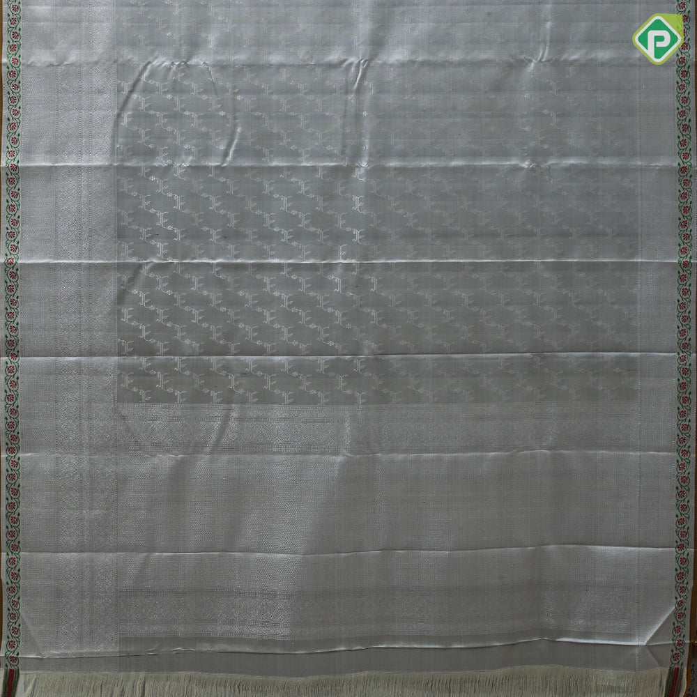 Silver grey silver zari fancy cross design self meena work edge border bridal silk saree