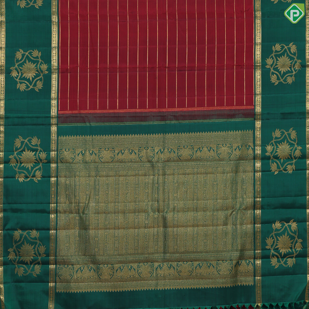 Magenta Red Velthari lines design bottle green with gold zari  rettapet mid gap border silk saree
