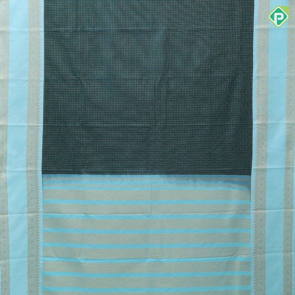 Bottle green gold zari vairaoosi checkered kattam turquoise gold zari retta pattai border uniform art silk saree