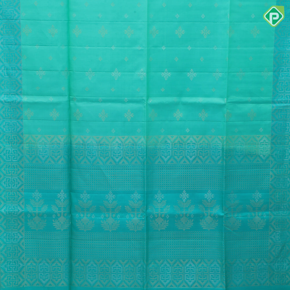 Spring green silver gold zari fancy flower butta motifs sea green silver gold zari graphic design border soft silk saree