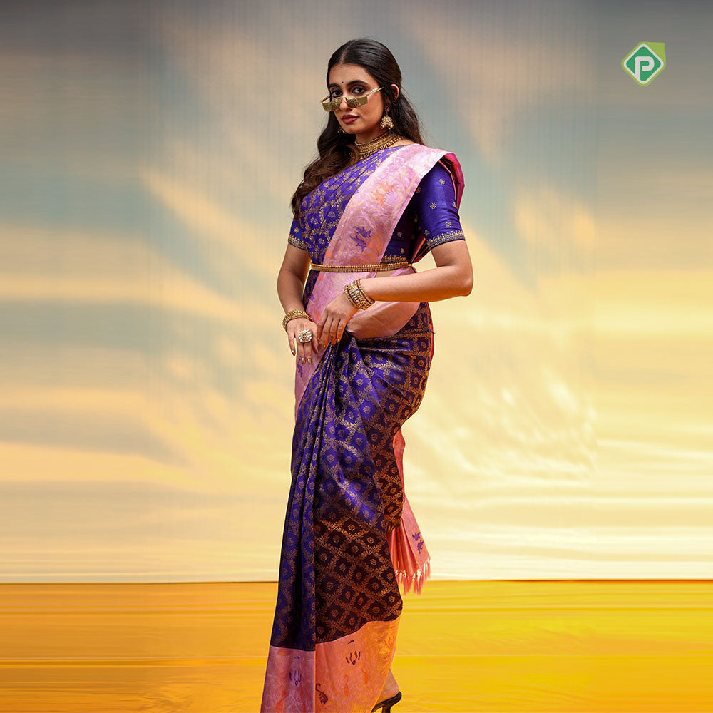 Royal Blue Gold Zari grand floral checks design contrast pink meena work border Exclusive bridal silk saree