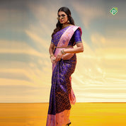 Royal Blue Gold Zari grand floral checks design contrast pink meena work border Exclusive bridal silk saree