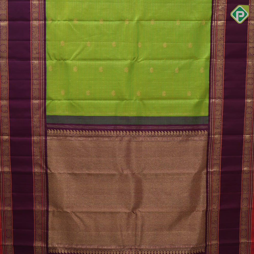 parrot green gold zari  peacock checks design  purple colour vairaoosi peacock and mango border design traditional silk saree
