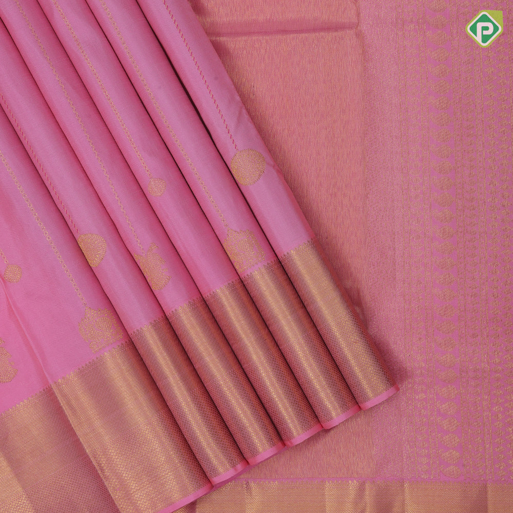 Peach Pink Gold Zari Straight Lines Peacock Chagara Design Self Colour Bavanji Mayilkan Border Design Traditional Silk Saree