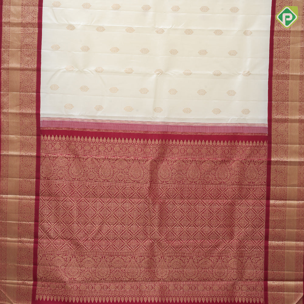 Milk White gold zari fancy round butta design maroon gold zari mid bavanji border traditional silk saree