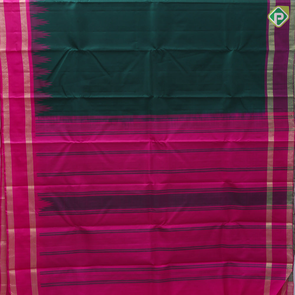 Olive green full body plain design contrast rose pink rettapet temple border traditional silk saree