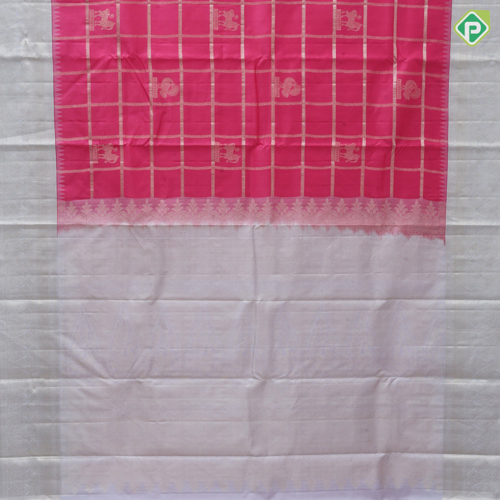 cream pink gold zari checked window panel blueish grey gold zari thilagam border traditional silk saree