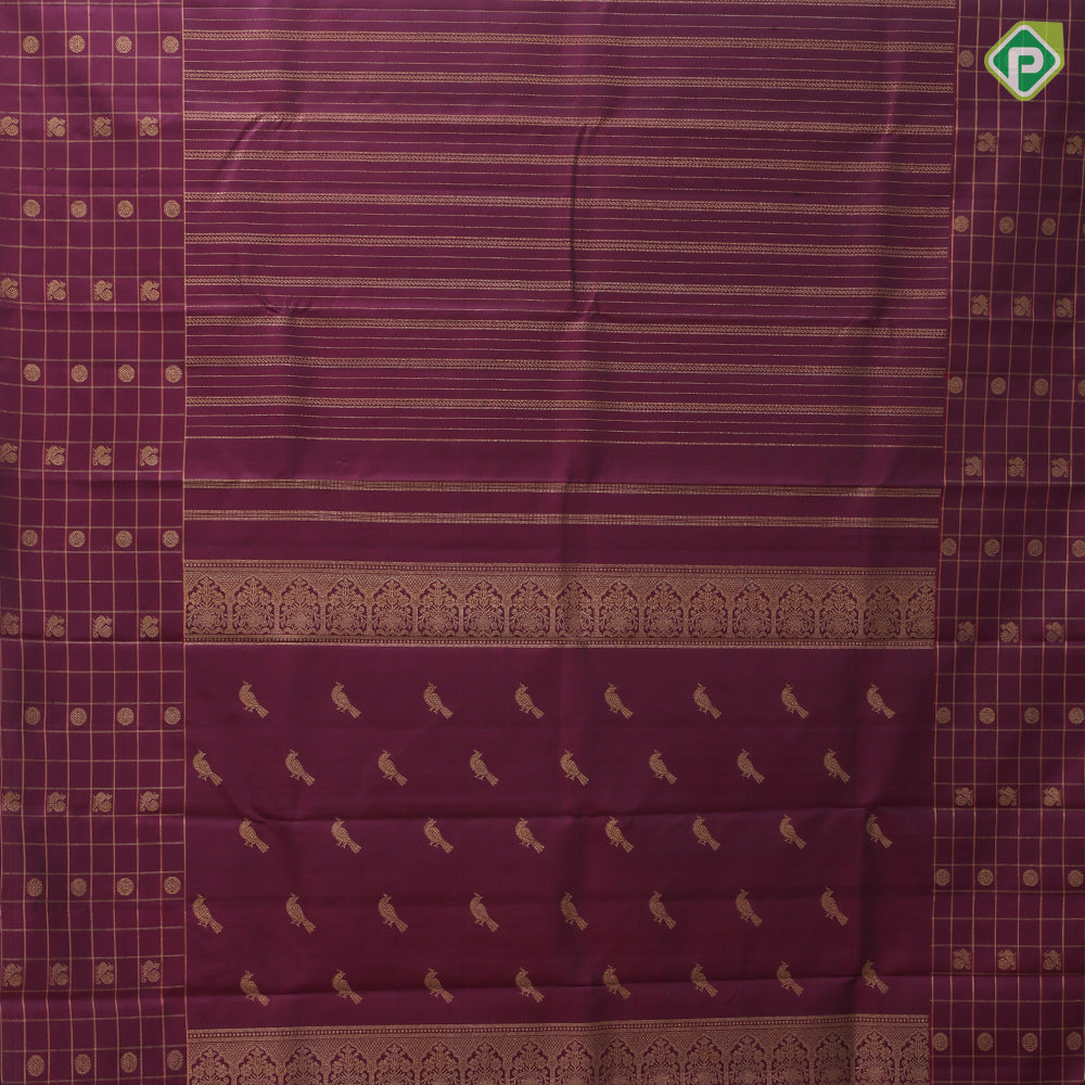 Beetroot maroon gold zari self designed stripes self color gold zari annam chakkaram lines border traditional silk saree