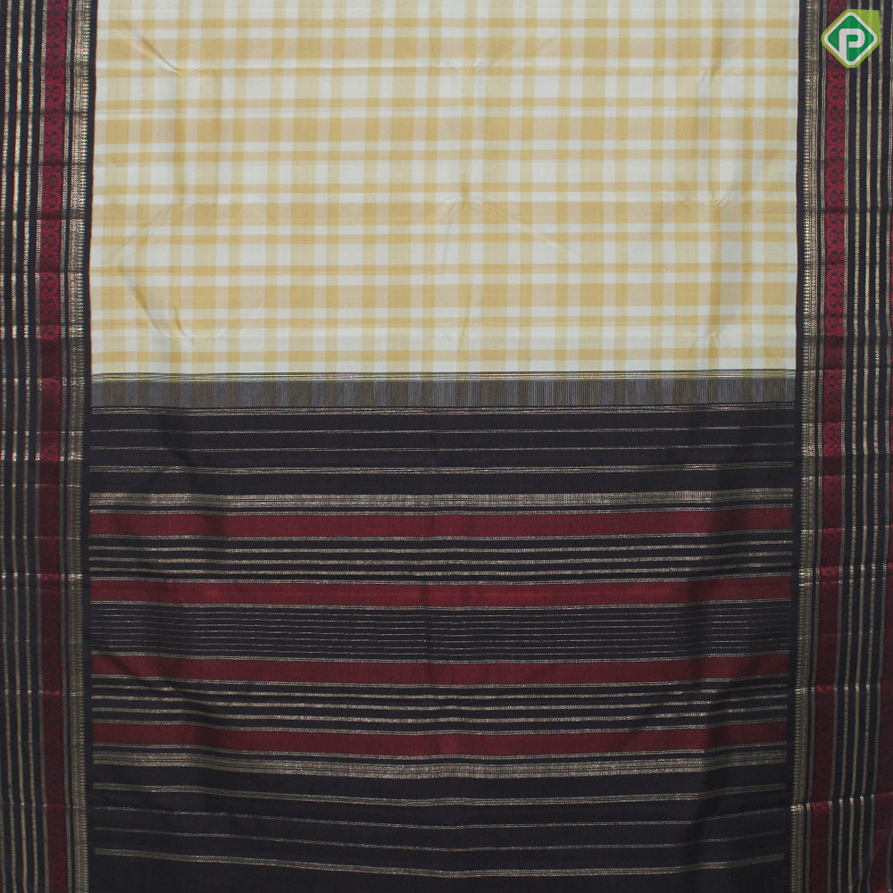 Mustard Cream White Checked With Chocolate Brown Thread And Gold Zari Border Traditional Silk Saree
