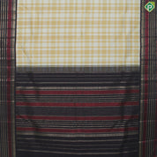 Mustard Cream White Checked With Chocolate Brown Thread And Gold Zari Border Traditional Silk Saree