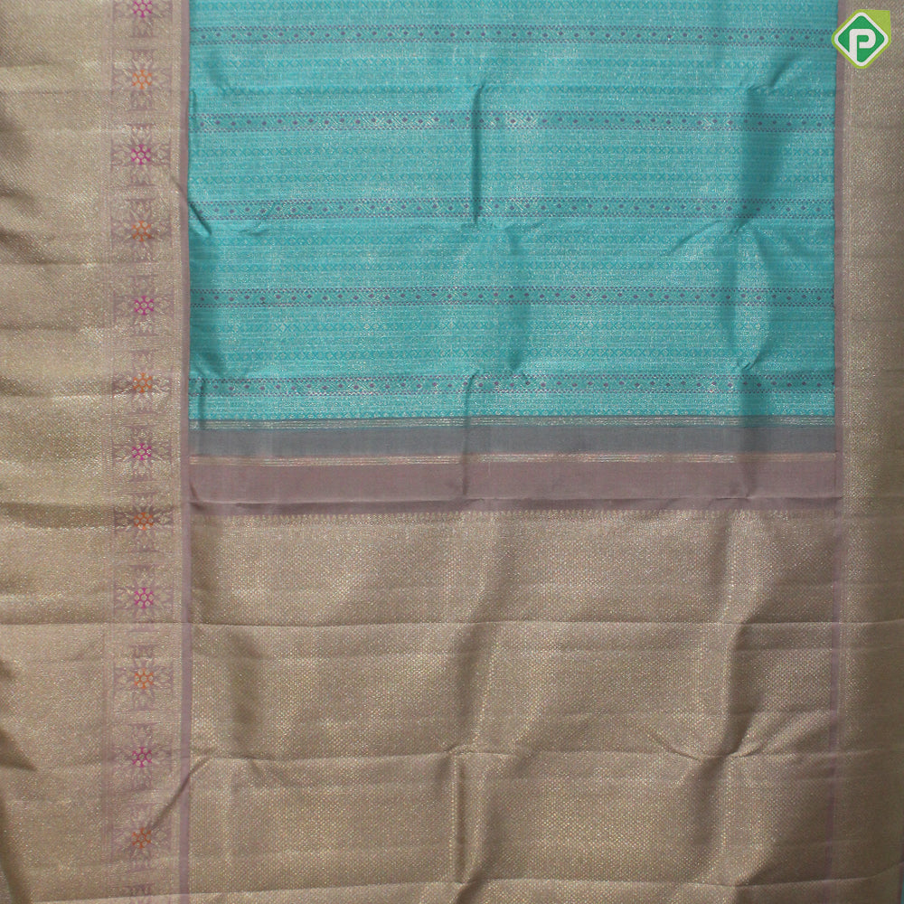 Rama Blue Silver Zari With Peach Pink Gold Zari Meena Work Traditional Silk Saree