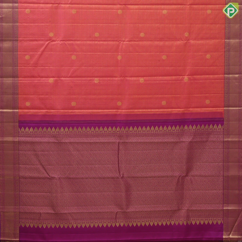 Pinkish orange gold zari vairaoosi checked mid round butta purple gold zari border traditional silk saree
