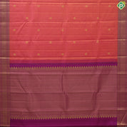Pinkish orange gold zari vairaoosi checked mid round butta purple gold zari border traditional silk saree