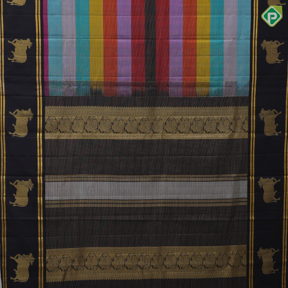 Multi color base gold zari velthari lines Luxury black gold zari cow pichwai border traditional silk saree