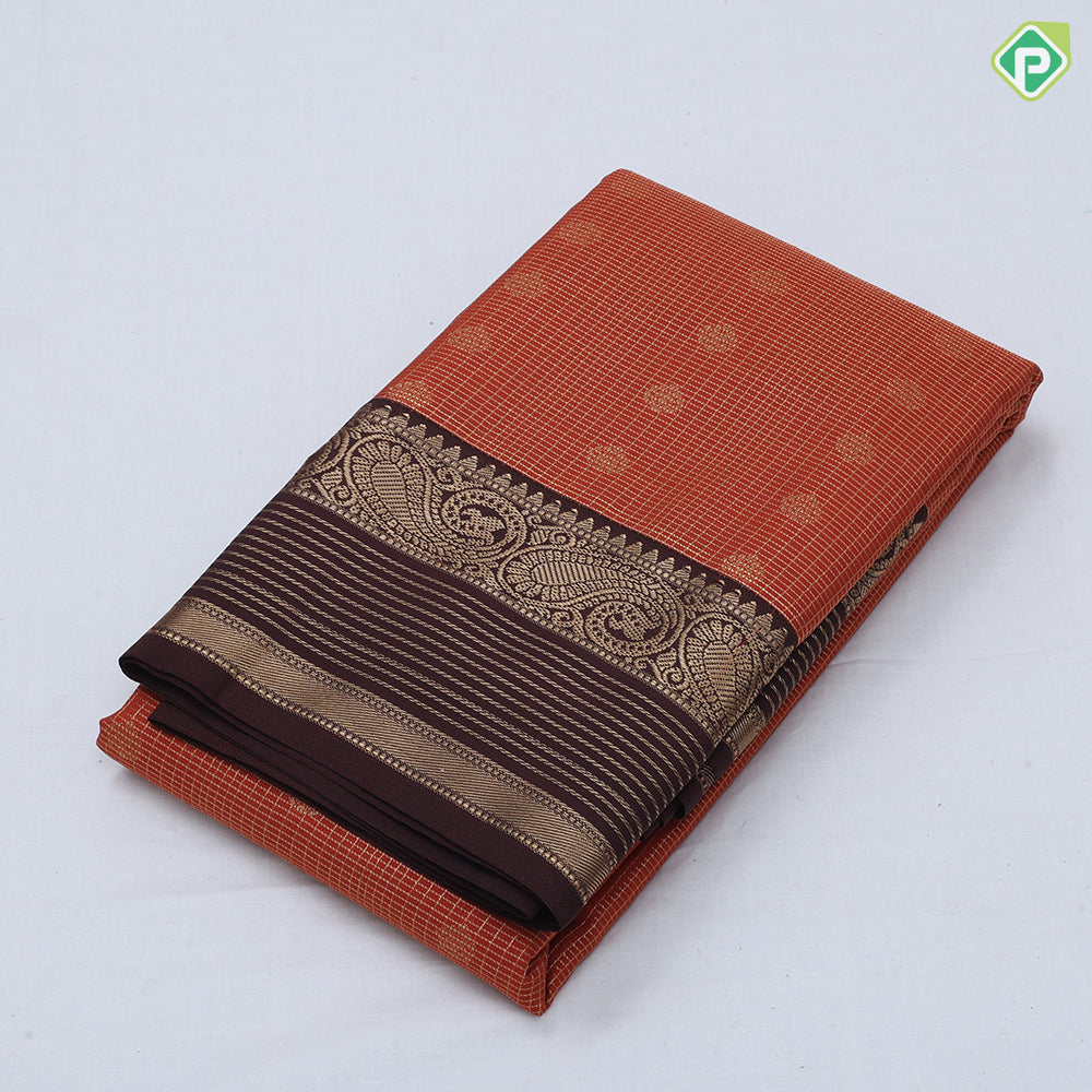 Rust Orange gold zari checks and flower butta design brown gold zari fancy mango butta border art silk saree