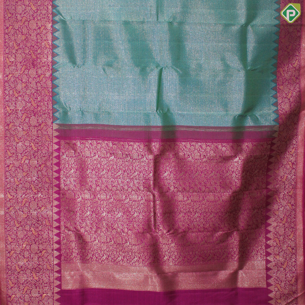 Peacock Green Gold Zari With Pink Color Flower And Birds Design Traditional Silk Saree