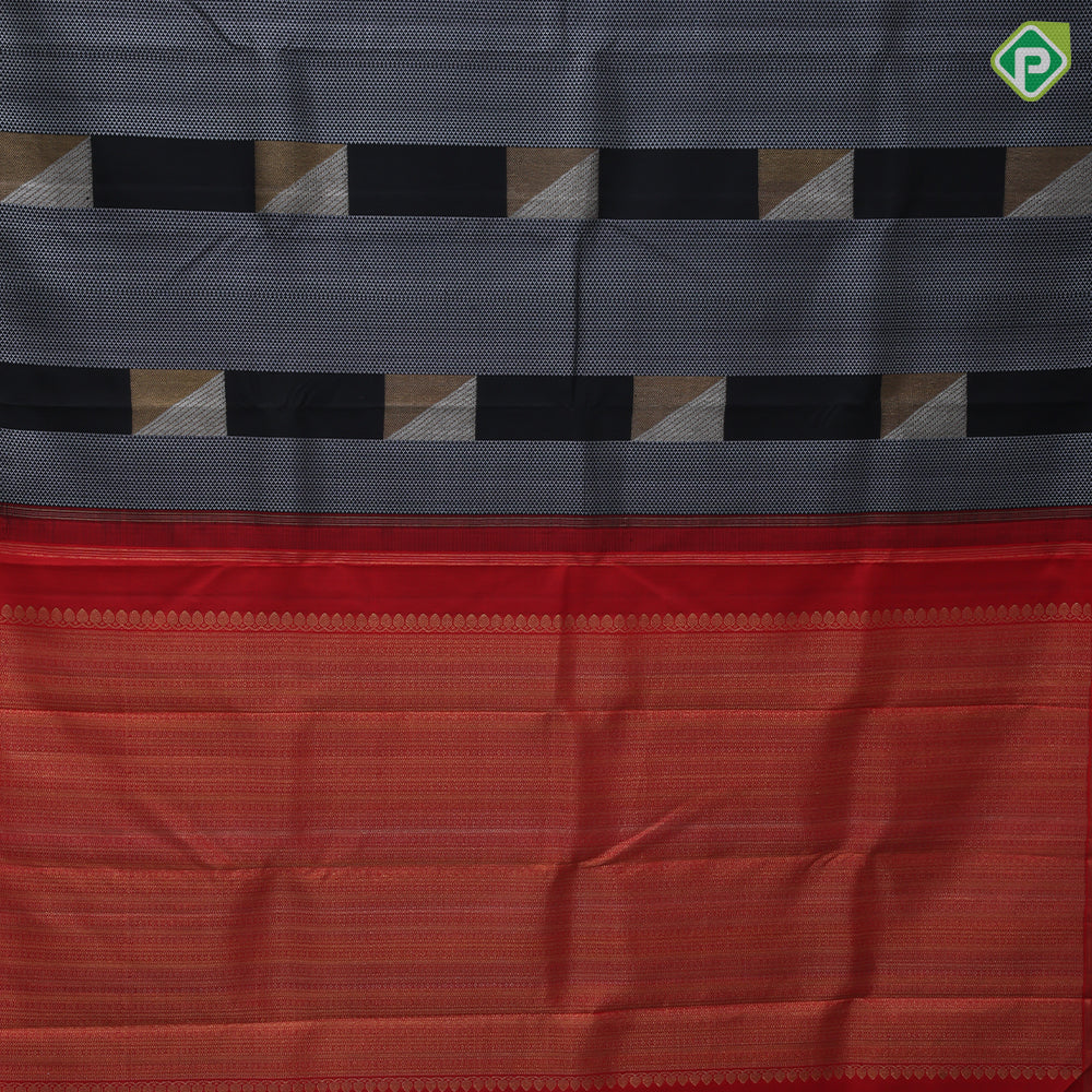 Black Colour Silver Gold Zari Arrow And Square Design Chilly Red Ledge Border Design Luxury Black Silk Saree