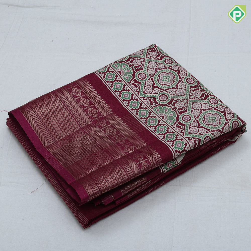 Dark color gold zari groped lined rangoli design padded self gold zari border fancy cotton saree