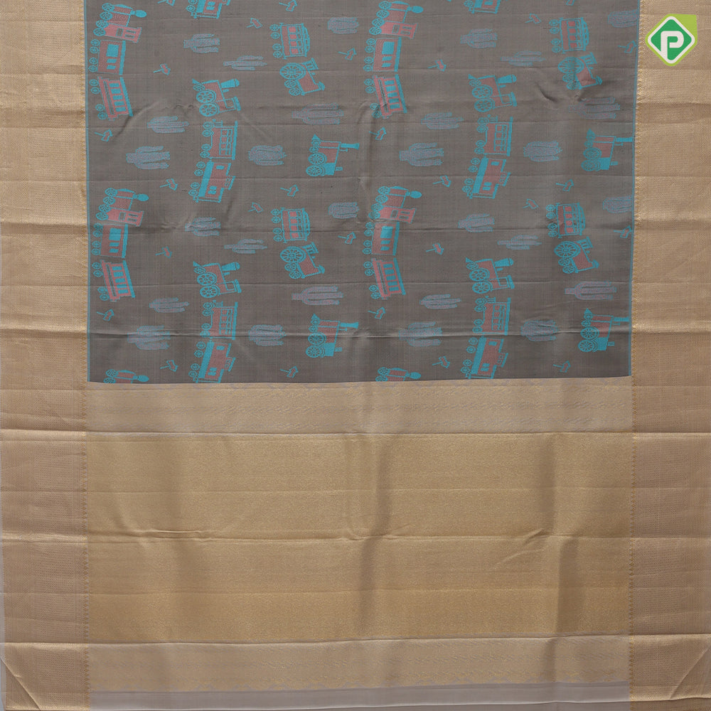 Oyster grey base rexona green good rail journey effect inspired design cream gold zari diamond border signature silk saree