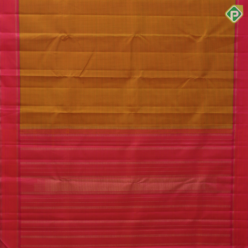 orangish yellow with leaf green lines and thread works design plain rose pink gold zari rettapettai border traditional retro silk saree