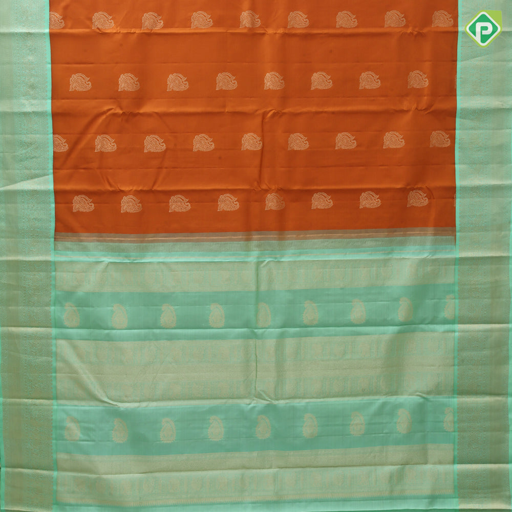 Honey orange gold zari fancy mango butta rexona green gold zari border traditional silk saree