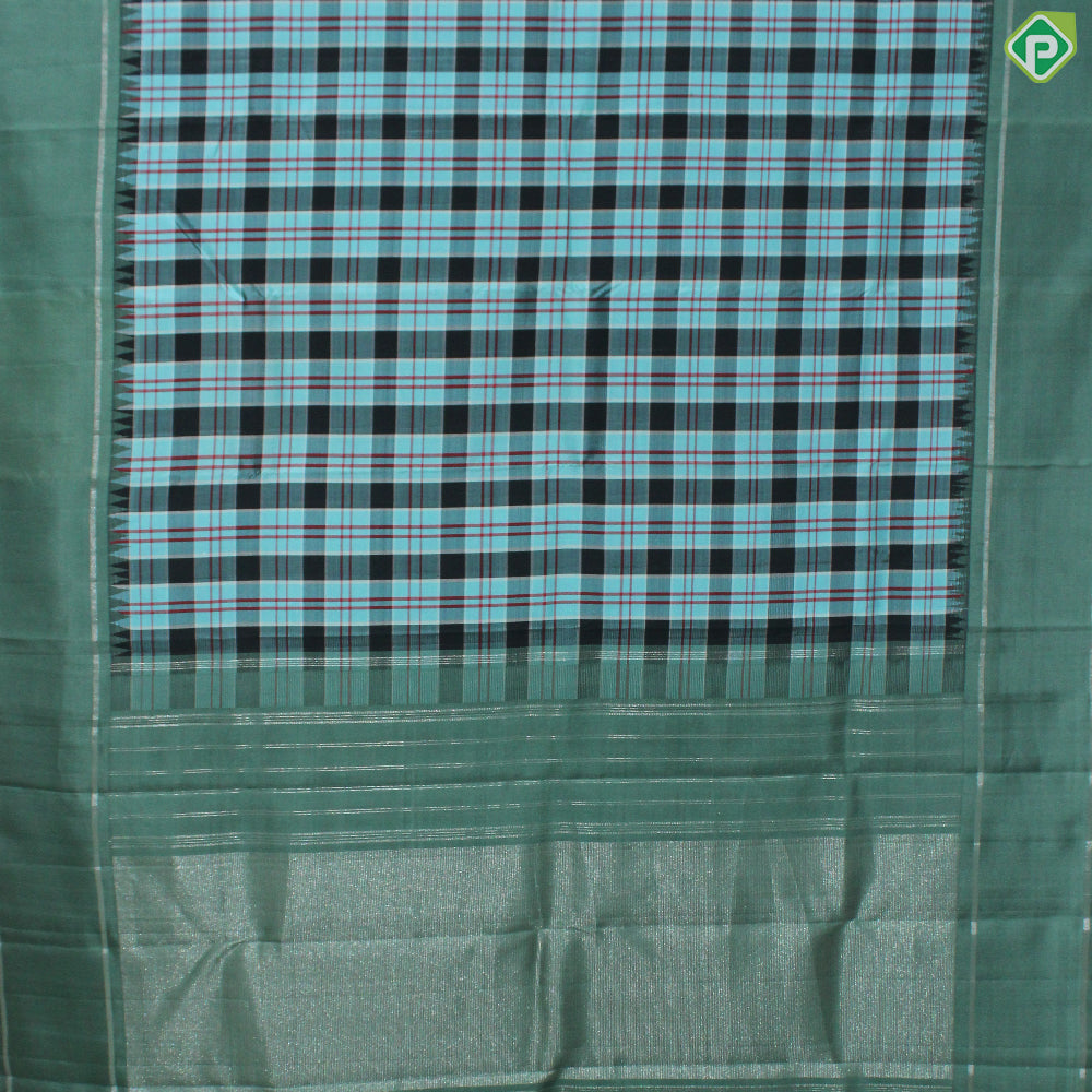 Aqua Blue With Multi Colour Checks Design Cardamom Green Border Traditional Silk Saree