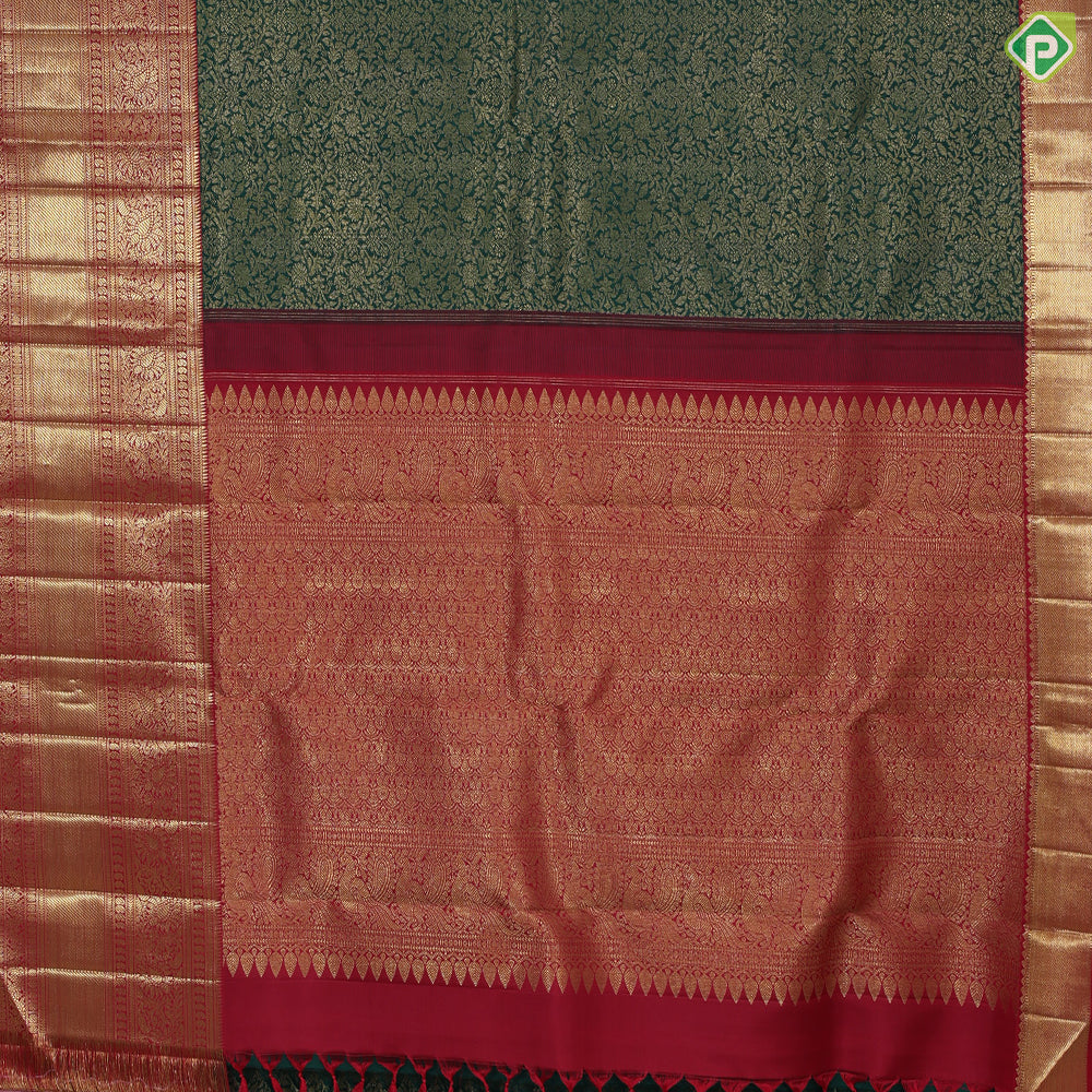 Dark green with gold zari grand floral design contrast maroon red gold zari border grand brocade bridal silk saree