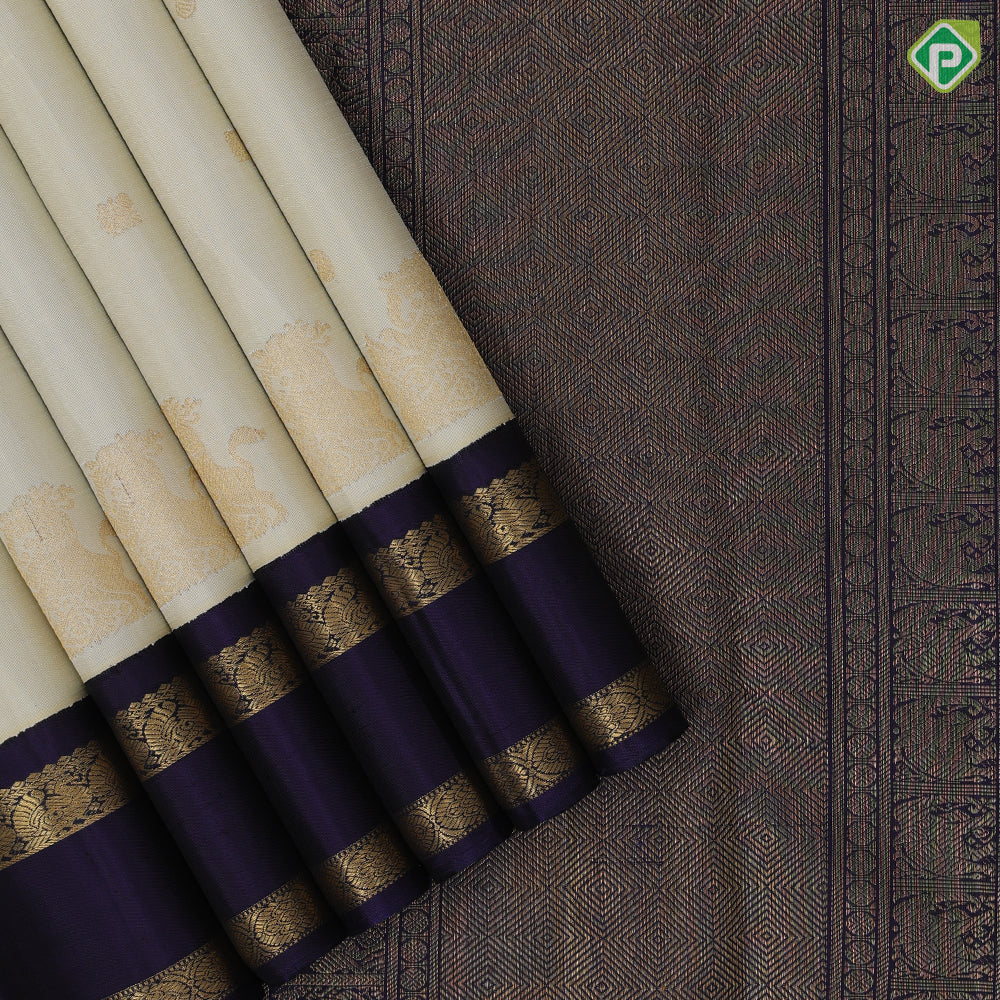 Milk White gold zari mango and annam butta design gold zari yaali butta padded blue gold zari rette pett border traditional silk saree
