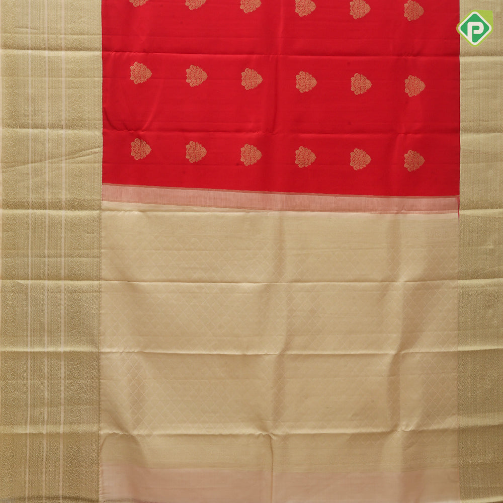 Rani red gold zari leaf butta design cream white gold zari multi design border traditional silk saree