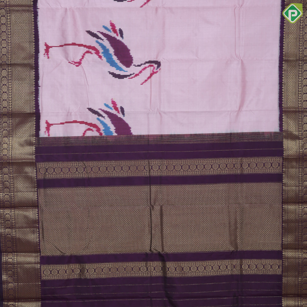 Powder Pink multi color Flamingo ikkat design Violet gold zari diamond butta border ikkat silk saree