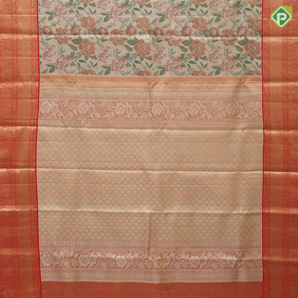 Multi color gold zari by by floral design contrast red gold zari peacock design border tissue silk saree