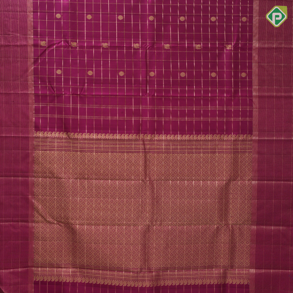 Purple pink gold zari solid check annam chakram butta self gold zari tissue green edge border traditional silk saree