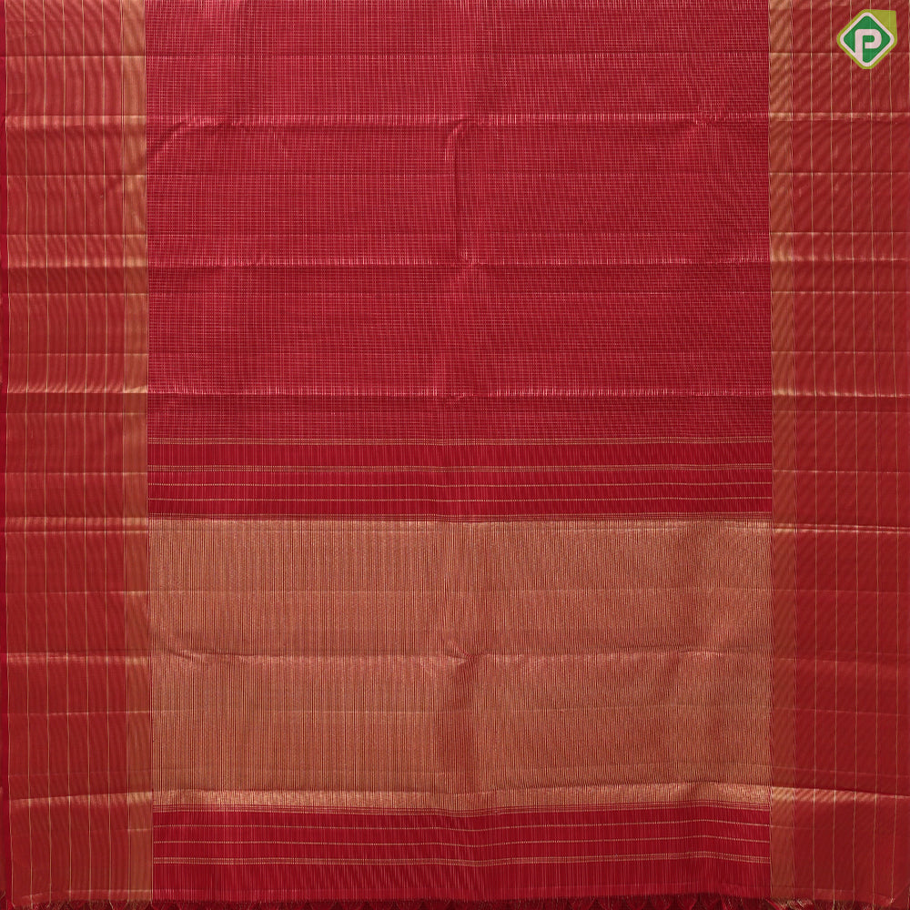 Tomato red gold zari small checked window panel self gold zari divided border traditional silk saree