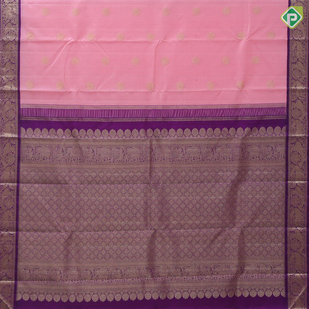 Salmon Pink Gold Zari Peacock Motif Design Purple Colour Yazhi Peacock Ruthracham Border Design Traditional Silk Saree