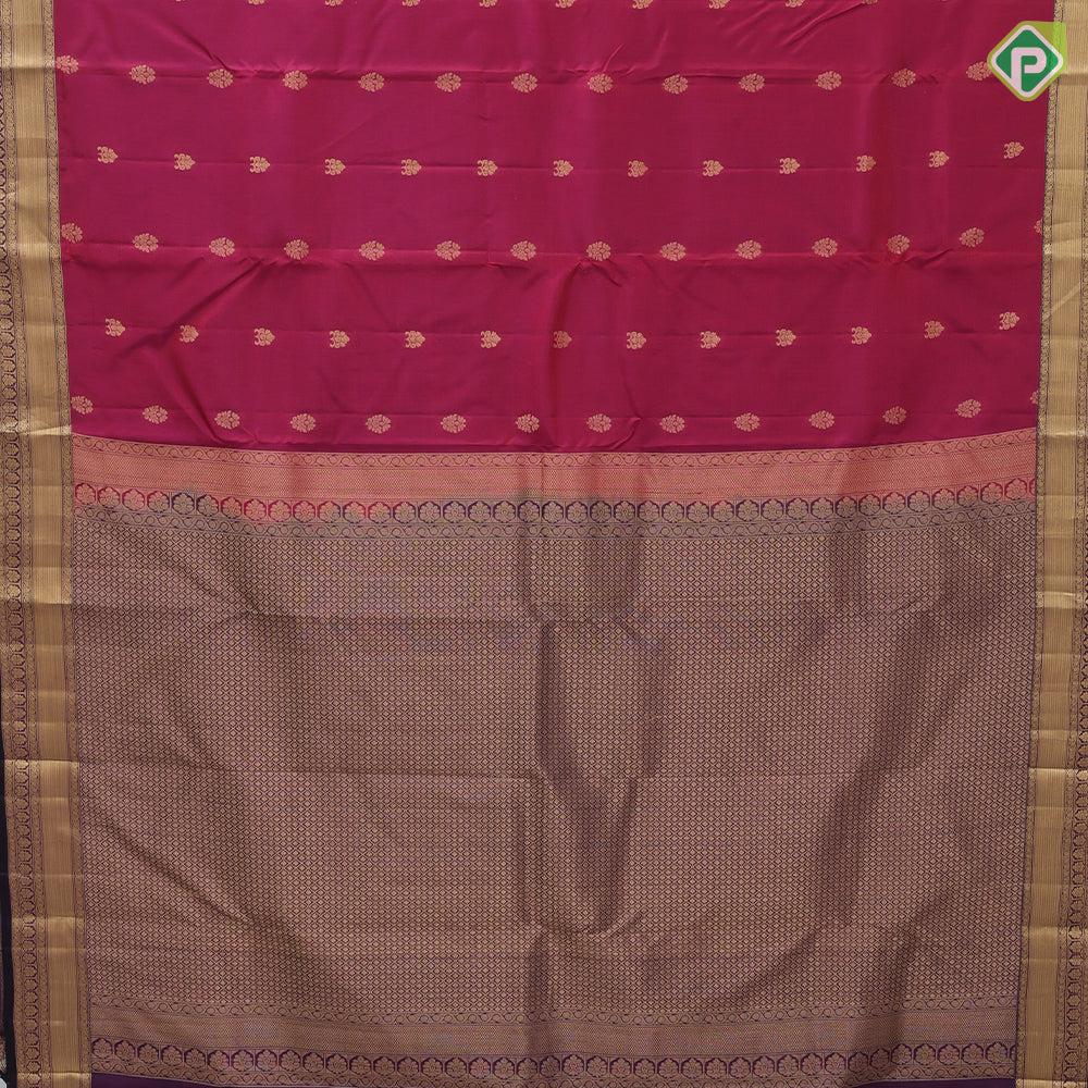 Chilly Red Gold Zari Flower Butta Design Purple Ruthracham Flower Border Design Pure Mix Silk Saree
