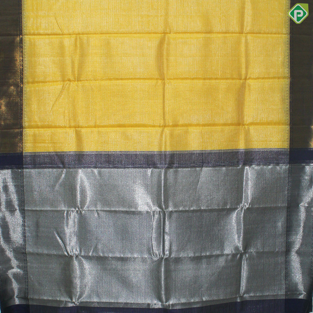 Lemon Yellow Gold Zari With Navy Blue Color Ruthracham Design Tissue Silk Saree