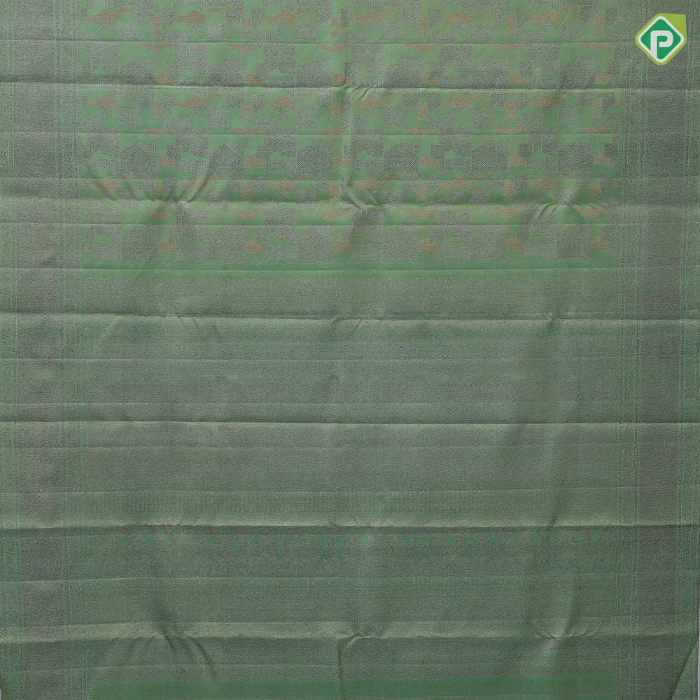 Mose green with neem zari geometrical shapes design self colour rangoli border self weaved silk saree