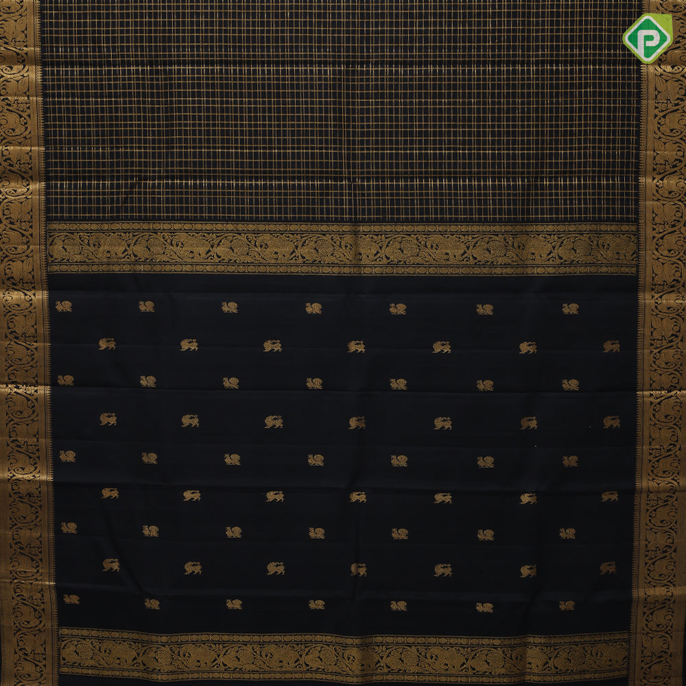 Black colour Gold Zari Checked Design Self Colour Elephant Horse Floral Border Design Luxury Black Silk Saree