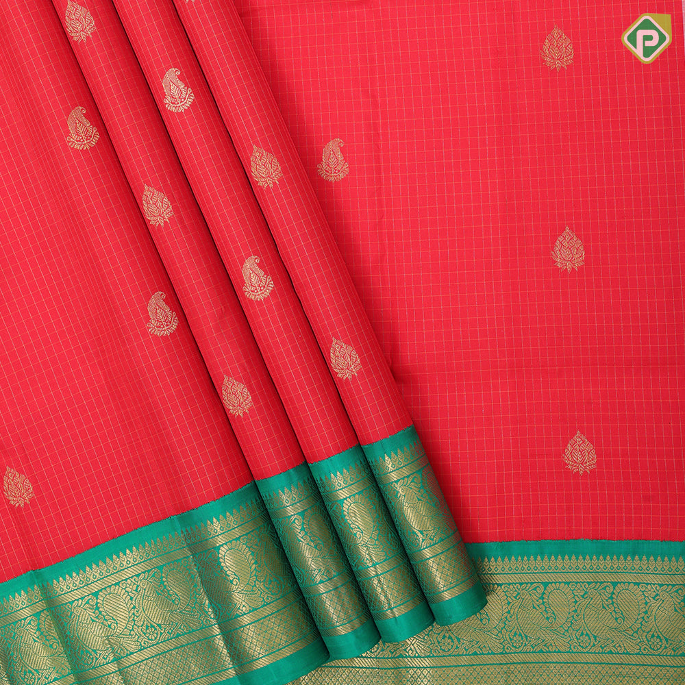 Tomato red gold zari kattam and leaf butta bottle green gold zari peacock butta border pattu paavadai lehanka