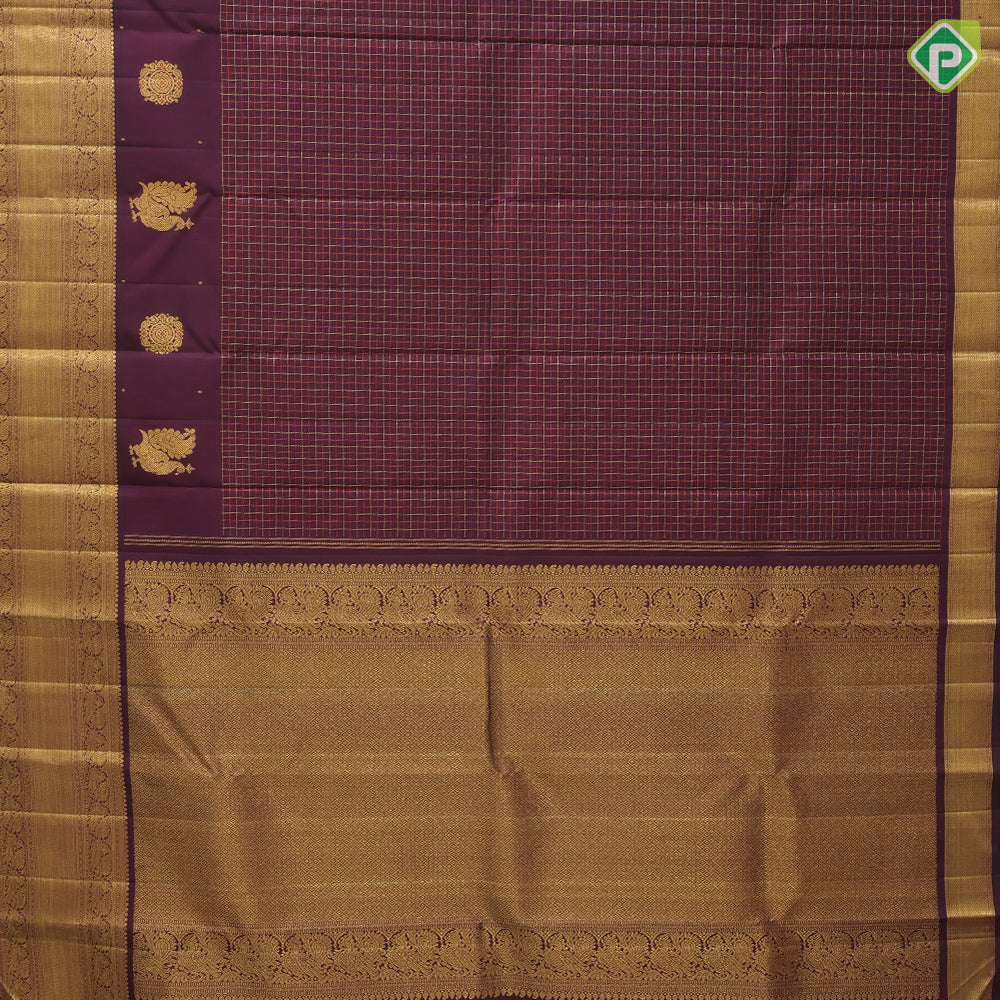 grape brown gold zari and silk thread checks design self gold zari peacock lines border traditional silk saree