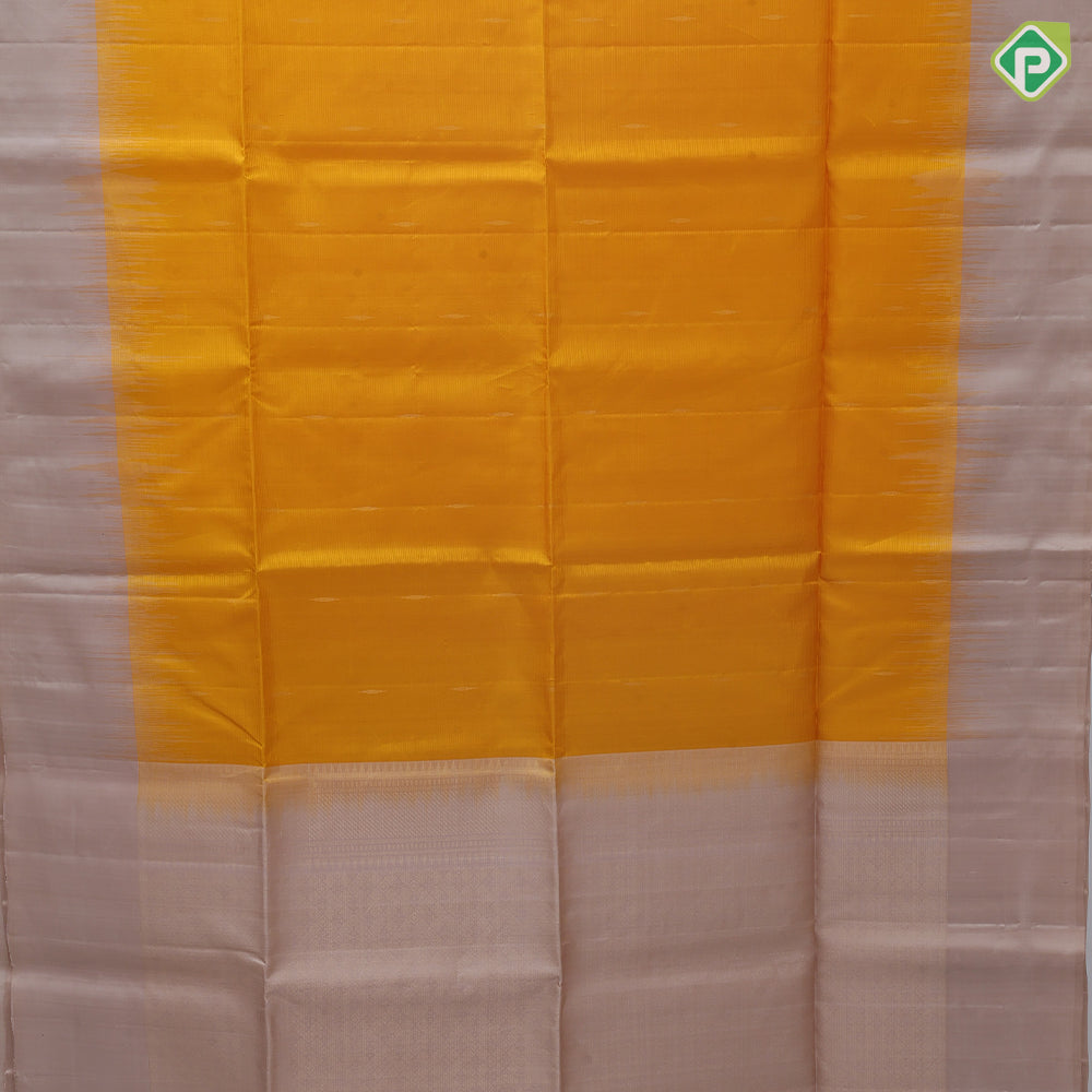 Mango yellow gold zari rain drop butta motifs Peach cream plain border grand pallu soft silk saree