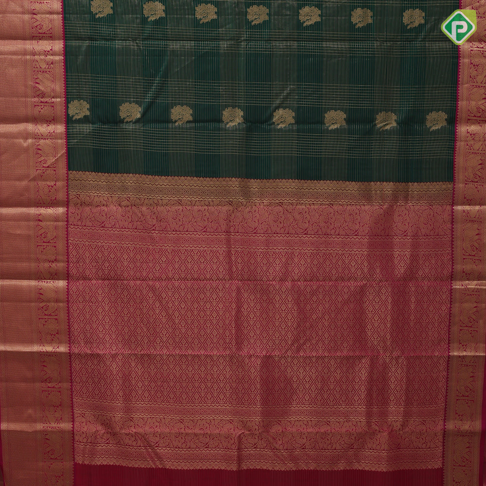 Bottle green gold zari checks flower motif design dark pink peacock elephant border design traditional silk saree