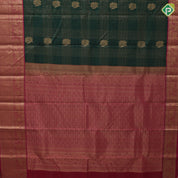 Bottle green gold zari checks flower motif design dark pink peacock elephant border design traditional silk saree