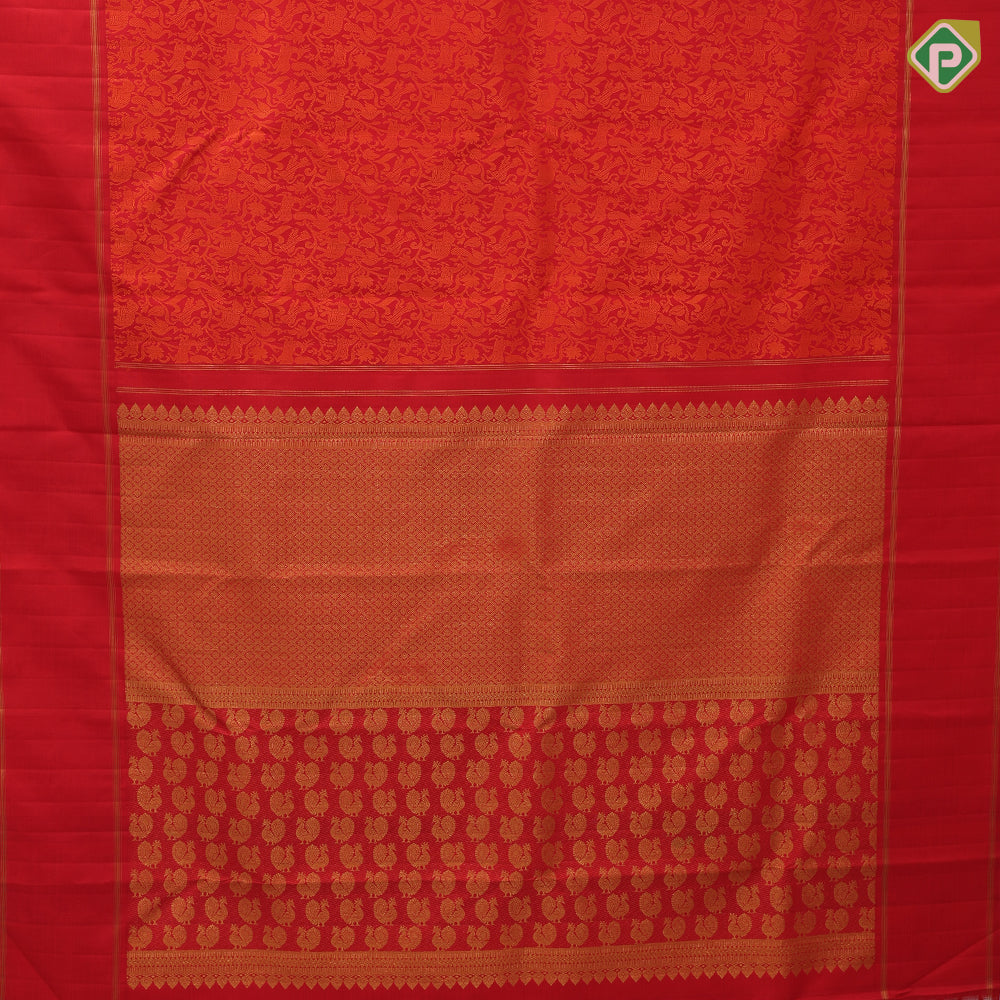 Chilly red base orange silk thread work vanasingaram design self gold zari retta pett border traditional bridal silk saree