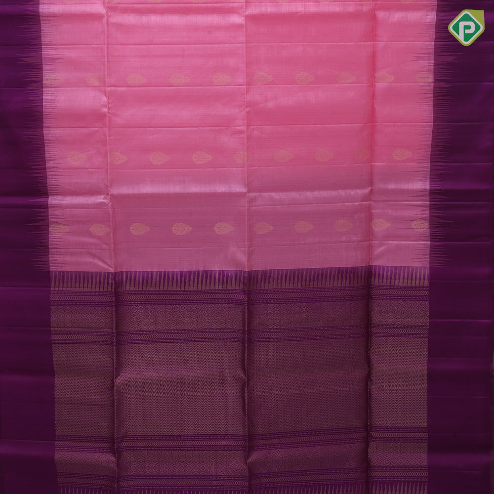 Baby pink gold zari fancy leaf butta motifs purple plain border contrast grand pallu soft silk saree