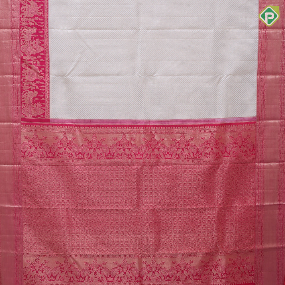 Cream White Gold Zari Brocade Design Rani Pink Pallaku Bavanji Border Design traditional Silk Saree
