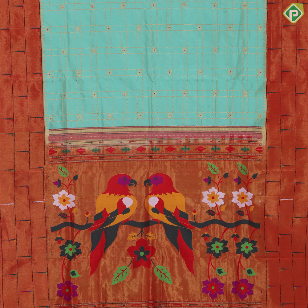 Pista green gold zari double checkered design orange pythonic border banaras silk saree