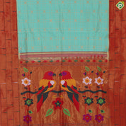 Pista green gold zari double checkered design orange pythonic border banaras silk saree